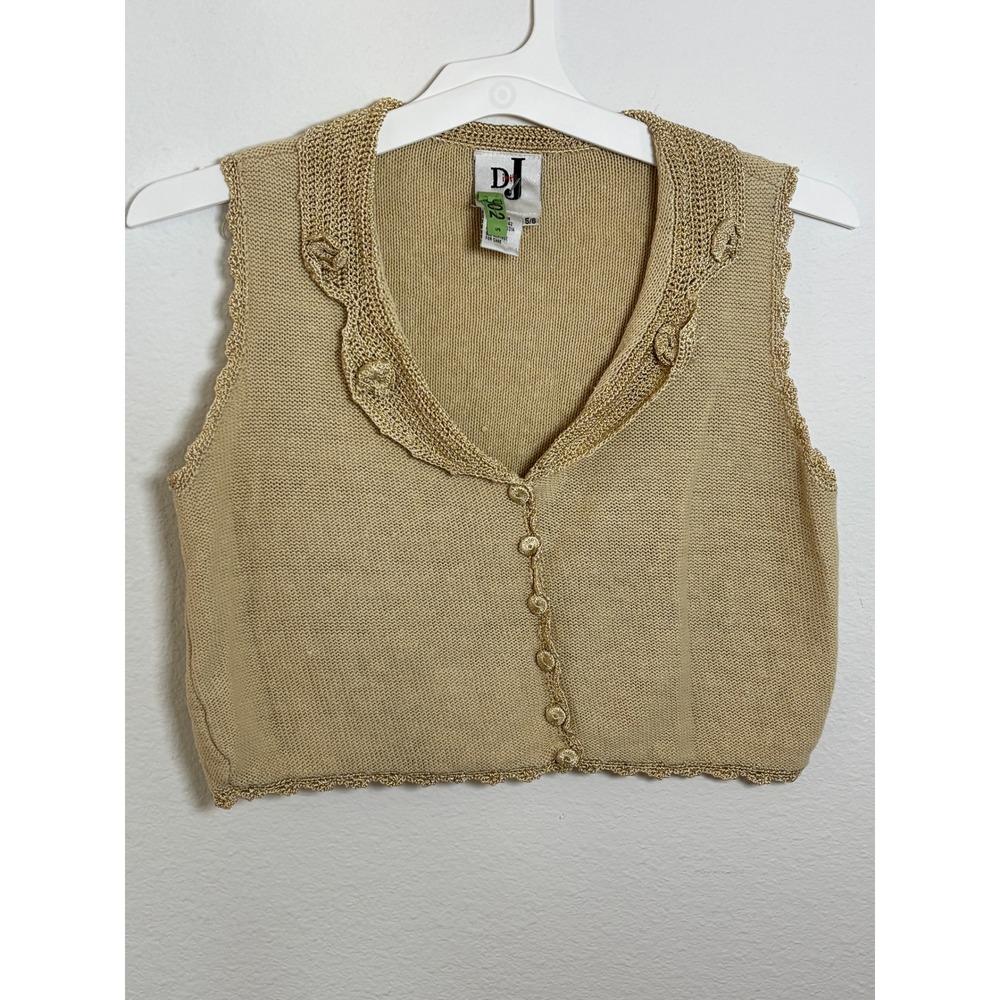 DJ Int'l Vintage Tan Knit Cropped Sweater Vest Ramie Cotton Beige Size 5/6
